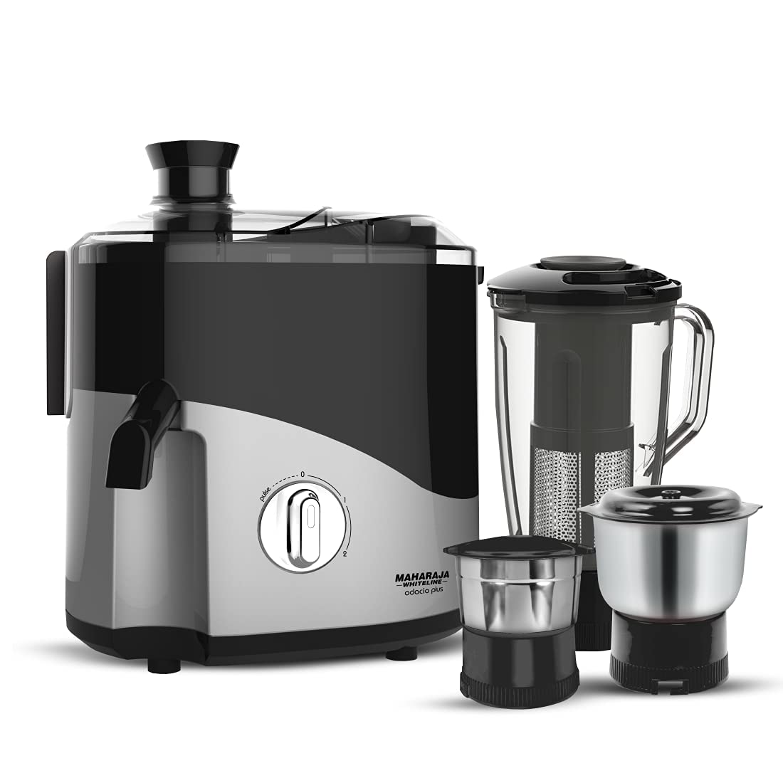 Maharaja Whiteline Odacio Plus Juicer Mixer Grinder,550W,3 Jars (2 Stainless Steel Jar + Blending Jar with Fruit Filter),Silver & Black,Food Grade Safe, High Grade Mesh, Fluidic design, 2Year Warranty