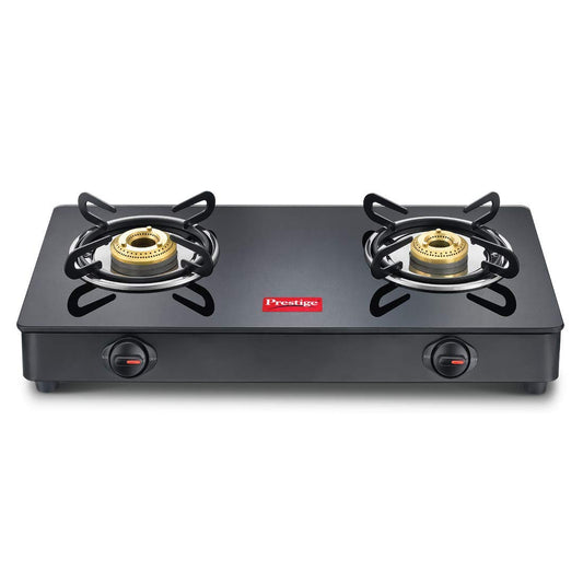 Prestige IRIS Toughened Glass-Top 2 Brass Burner LPG Gas Stove | Black | Spill Proof | Ergonomic Knobs | Tri-Pin Brass Burners |Open