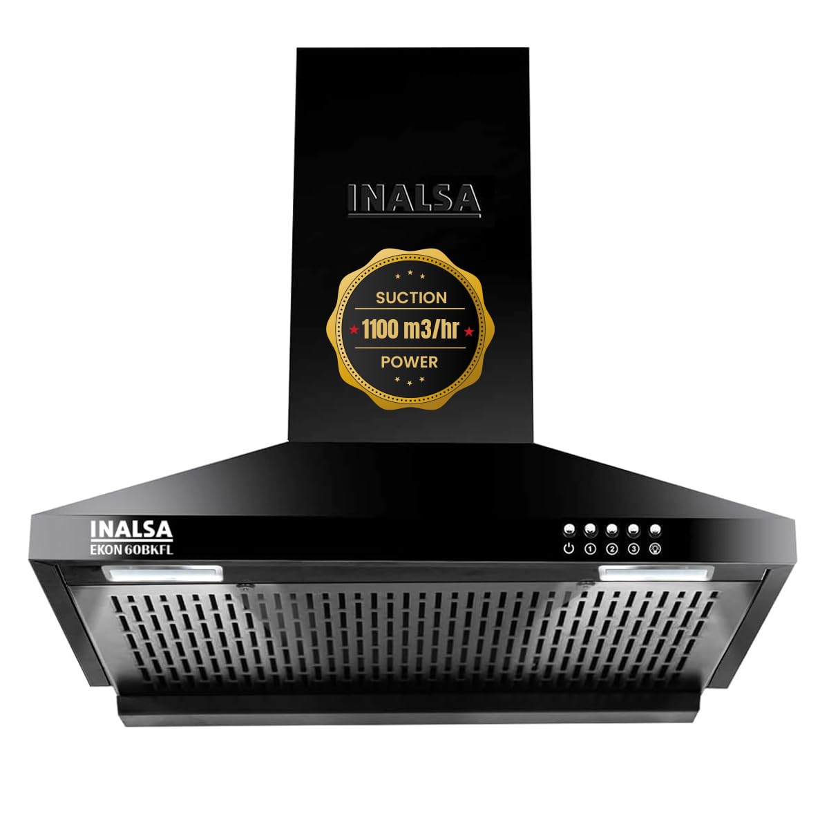 INALSA EKON 60cm 1100 m³/hr Pyramid Kitchen Chimney With Elegant Look|Push Button Control|Efficient Dual LED Lamps & Filterless|5 Year Warranty on Motor ( EKON 60BKFL, Black)