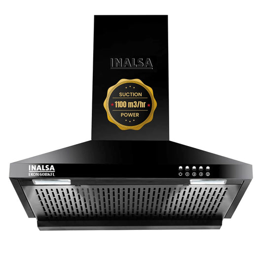 INALSA EKON 60cm 1100 m³/hr Pyramid Kitchen Chimney With Elegant Look|Push Button Control|Efficient Dual LED Lamps & Filterless|5 Year Warranty on Motor ( EKON 60BKFL, Black)