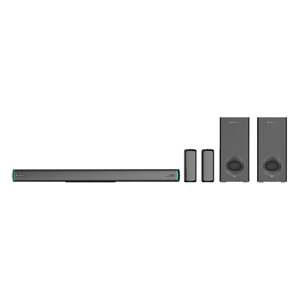 ZEBRONICS Juke bar 9550 pro 5.2 Soundbar (625 Watts), Dolby Audio, Dual Wireless Subwoofer & Wired Satellite, BT v5.3, HDMI ARC, Optical, Powerful Bass, RGB LED Lights, Wall Mountable, Silver