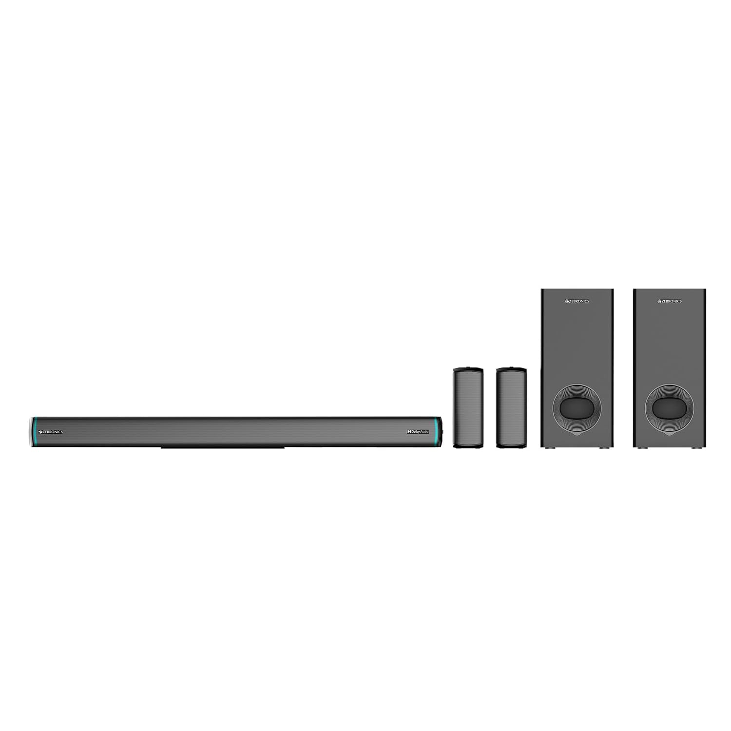 ZEBRONICS Juke bar 9550 pro 5.2 Soundbar (625 Watts), Dolby Audio, Dual Wireless Subwoofer & Wired Satellite, BT v5.3, HDMI ARC, Optical, Powerful Bass, RGB LED Lights, Wall Mountable, Silver