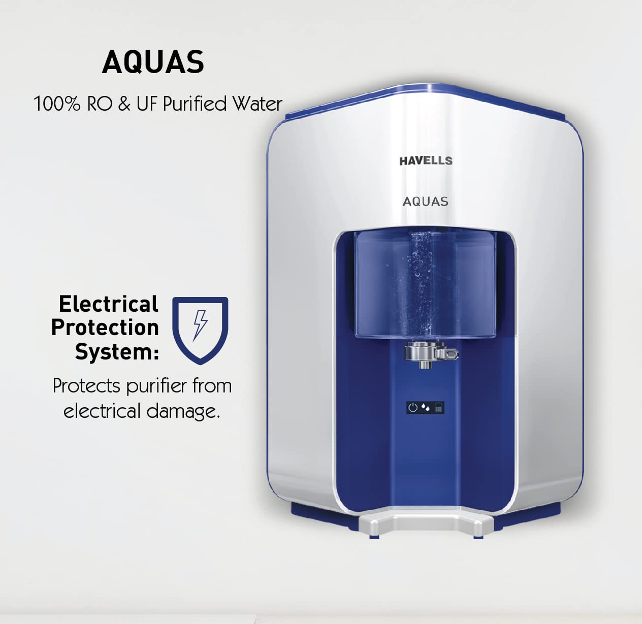 Havells AQUAS Water Purifier (White and Blue), RO+UF, Copper+Zinc+Minerals, 5 stage Purification, 7L Tank, Suitable for Borewell, Tanker & Municipal Water