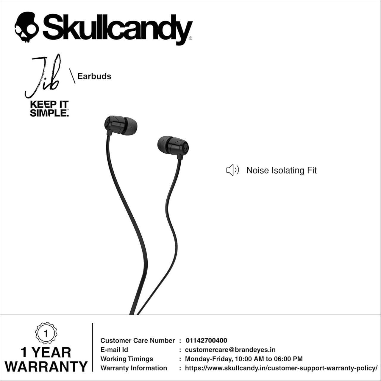 Skullcandy Jib in-Ear Wired Earbuds Without Microphone, Noise Isolating Fit, Call and Track Control, 3.5mm AUX Cable- Black
