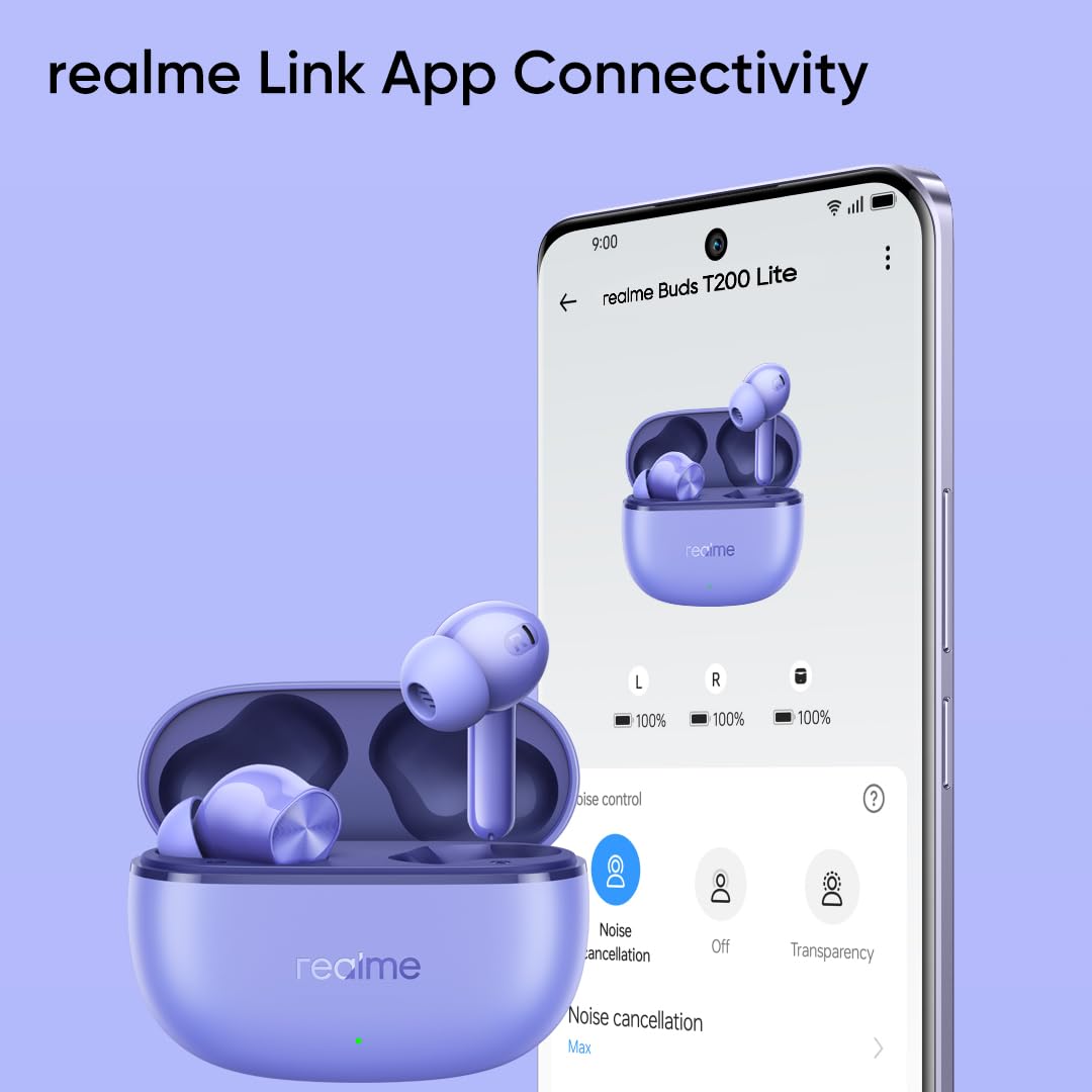 realme Buds T200 Lite Bluetooth in Ear Earbuds,4 Mic, AI ENC for Calls,48 Hours Total Playback with Fast Charging and Ultra Low Latency Gaming TWS,Google Fast Pair,with mic (Aurora Purple)
