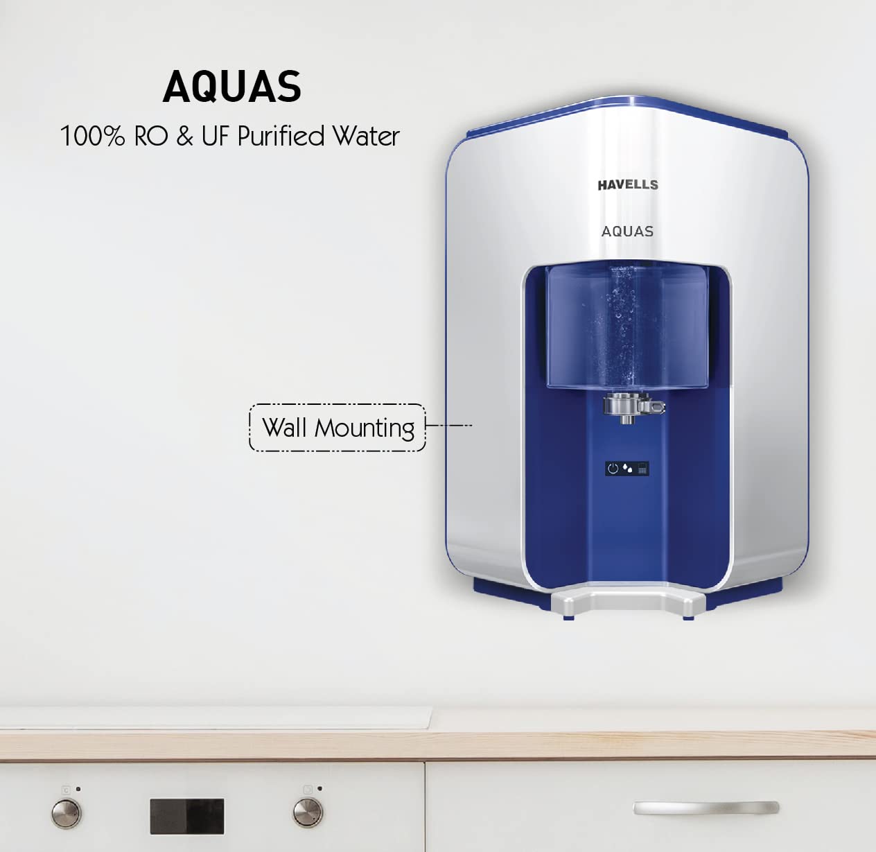 Havells AQUAS Water Purifier (White and Blue), RO+UF, Copper+Zinc+Minerals, 5 stage Purification, 7L Tank, Suitable for Borewell, Tanker & Municipal Water
