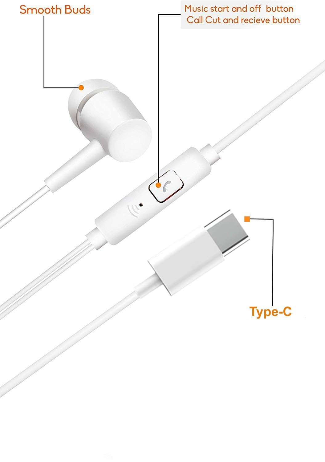 Branded Type C Headphones with Mic, in-Ear Design, 12mm Driver for Deep Bass and Clear Sound, C Type Earphones Wired, Compatible with iPhone, Android Smartphones, Tablets, (Black & White Combo)