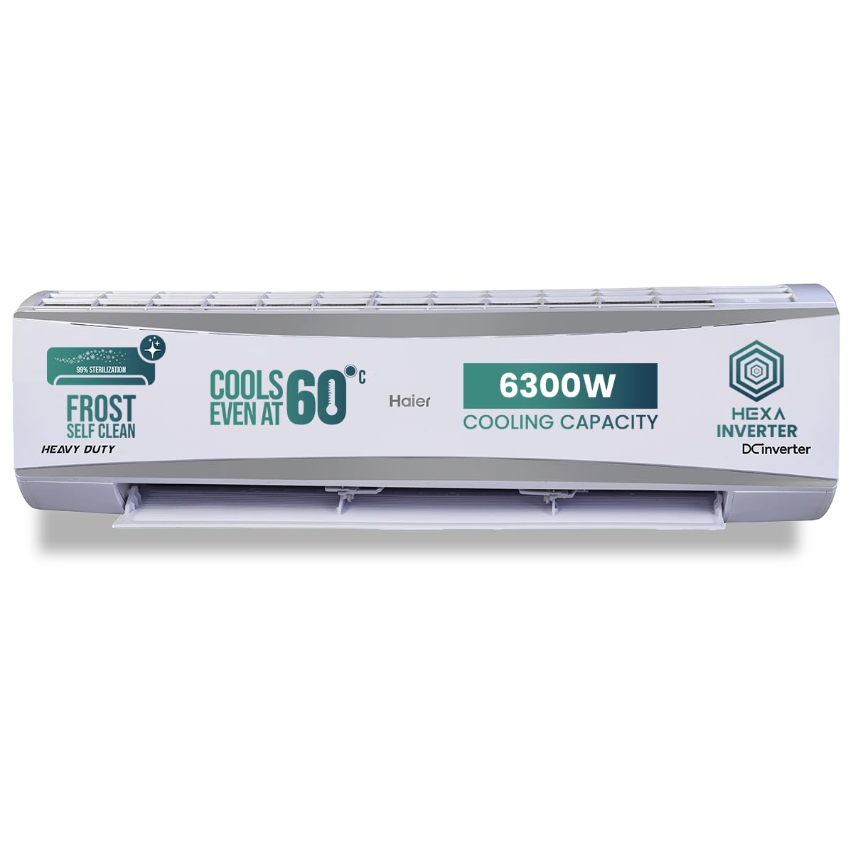 Haier 2 Ton 5 Star HEXA Inverter Split AC (6300 Watts, Copper, 7 in 1 Convertible, Heavy Duty, HD Filter, Cools at 60°C, Frost Self Clean, 20mtrs Air Throw - HSU24HD-ANW5BN-INV)