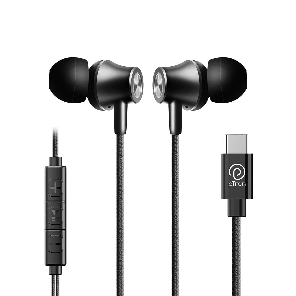 pTron Boom Play in Ear Type C Wired Headphones with Mic, 10Mm Drivers for Immersive Audio, 1.2M Fish Scale Style Tangle-Free Cable, in-Line Controls, Metal Buds, Snug-Fit & Wide Compatibility (Black)