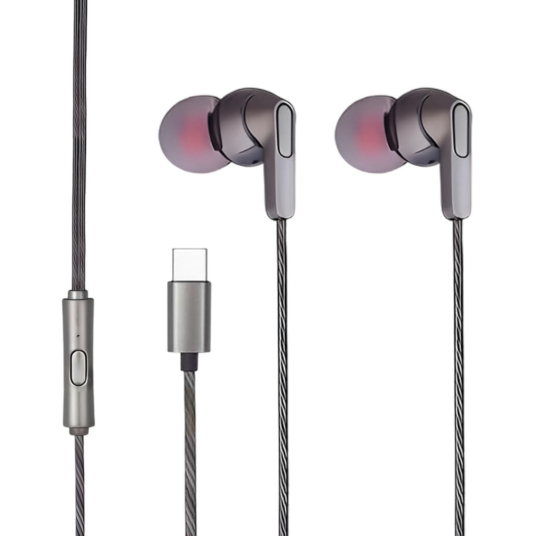 Branded Metal Type C Stereo Headphones with HD Sound Mic, in-Ear Design Super Extra Bass and Durable Brided Wired C Type Earphones, Compatible with iPhone, Android Smartphones, Tablets, (Metal Gray)