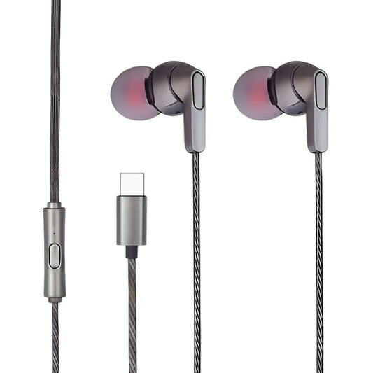 Branded Metal Type C Stereo Headphones with HD Sound Mic, in-Ear Design Super Extra Bass and Durable Brided Wired C Type Earphones, Compatible with iPhone, Android Smartphones, Tablets, (Metal Gray)