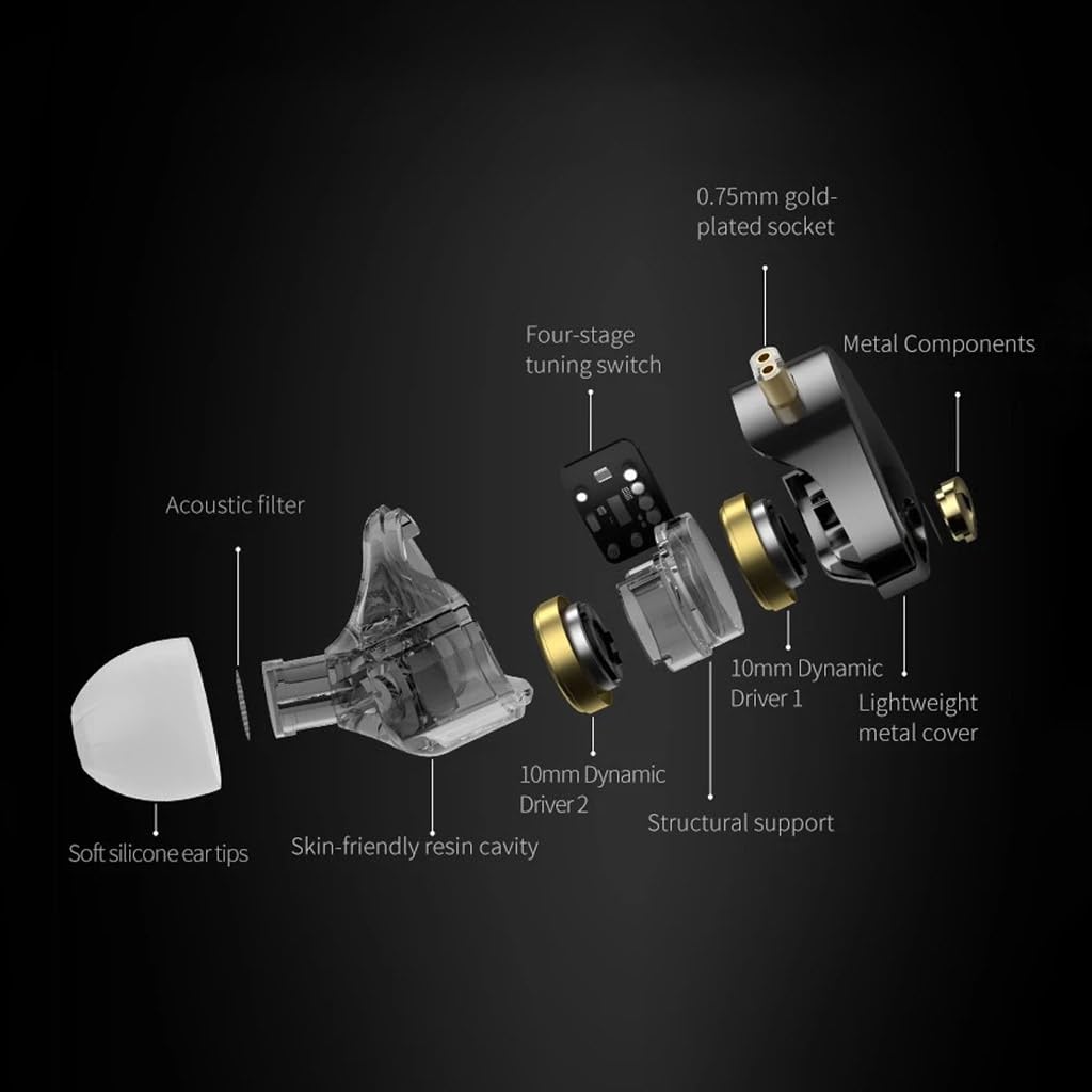 KZ Castor Pro IEM with HD Mic, Dual 10mm Dynamic Driver, Harman Target Improved Bass for Hi-Res Audio Quality, 4 Tuning Switch, Oxygen Free Copper Flat Cable, 0.78mm 2Pin & 3.5mm Plug Compatible