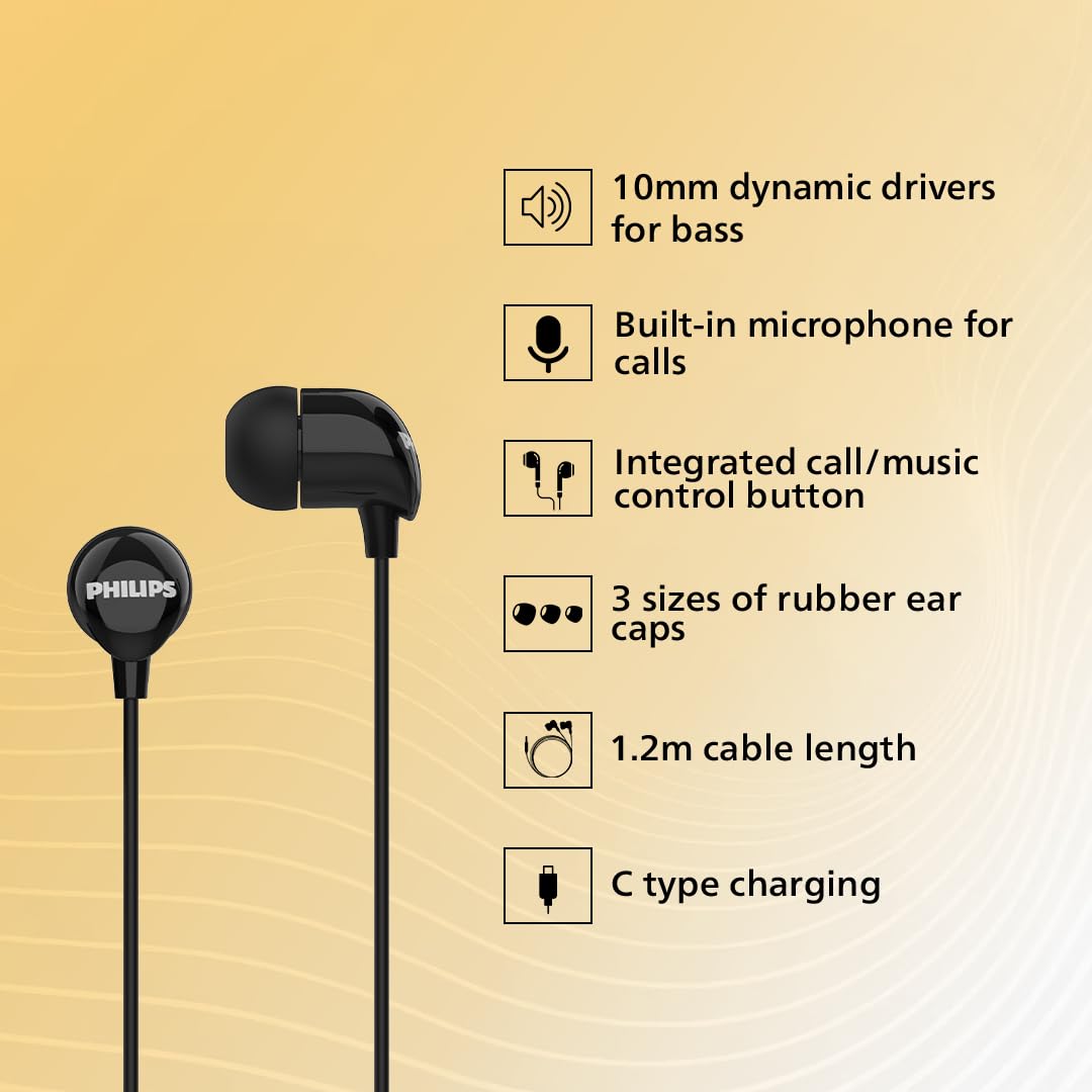 PHILIPS Audio TAE1159BK/00 in-Ear Wired Earphones with C-Type Jack, 10mm Drivers, Inline Mic, Powerful Bass and Clear Sound, Tangle Free 1.2m Cable and 3 x Inter Changeable Ear Tips (Black)