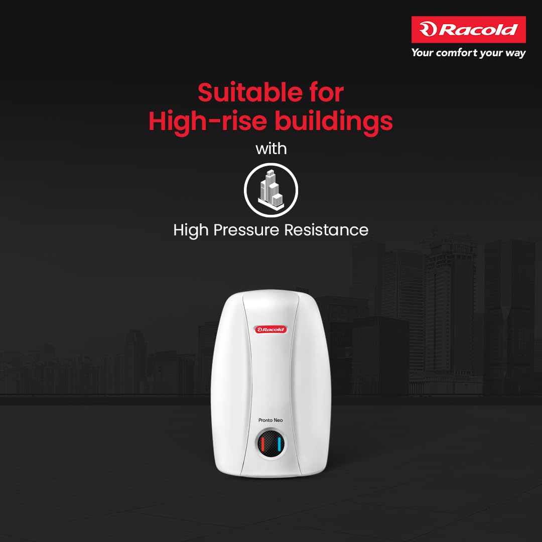 Racold PRONTO NEO Electric Instant Water Heater 5L – Vertical Geyser for Bathrooom, Anti Backflow System, 3 Safety Levels, Rust Proof Body, Faster Heating, with Fire Retardant Cable, White