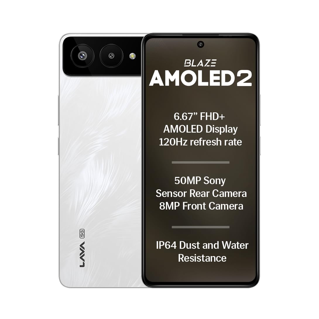 Lava Blaze AMOLED 2 5G (Feather White, 6 GB RAM, 128 GB Storage) | 6.67" FHD+ AMOLED Display | MTK D7060 Processor | 50 MP Front Camera | LPDDR5 UFS 3.1 ROM | 5000 mAh | 33W Fast Charging