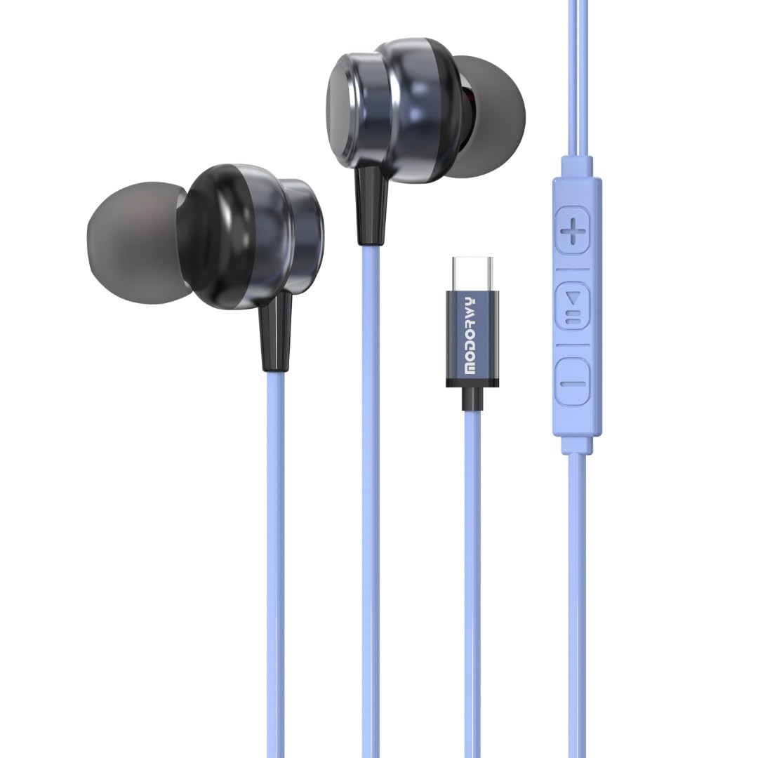 Modorwy SonicFlow Original USB-C Headphone | 14.2mm Drivers Surround Sound | DAC Chip-100% Support | in-Line Mic Type C Headphone |Compatible with i15, i16,Flip,Fold,S Series,1+ & Others(Light Blue)