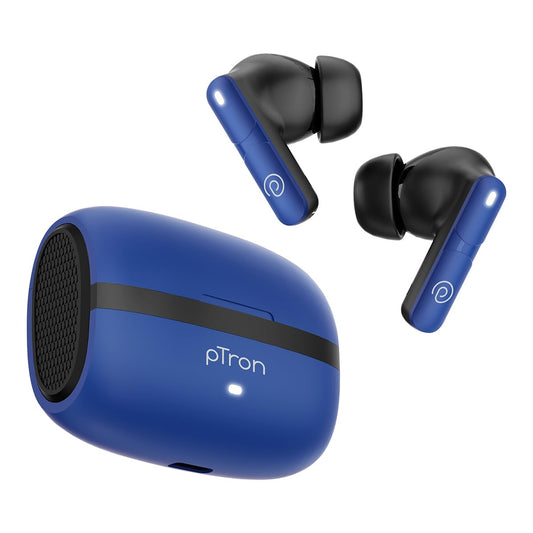 pTron Bassbuds Blaze in-Ear TWS Earbuds w/ 13mm Drivers, 50Hrs Playtime, AI-ENC Clear Calls, Bluetooth V5.4 Wireless Headphones, Touch Control, Voice Assistant, Type C Charging & IPX5 (Blue & Black)