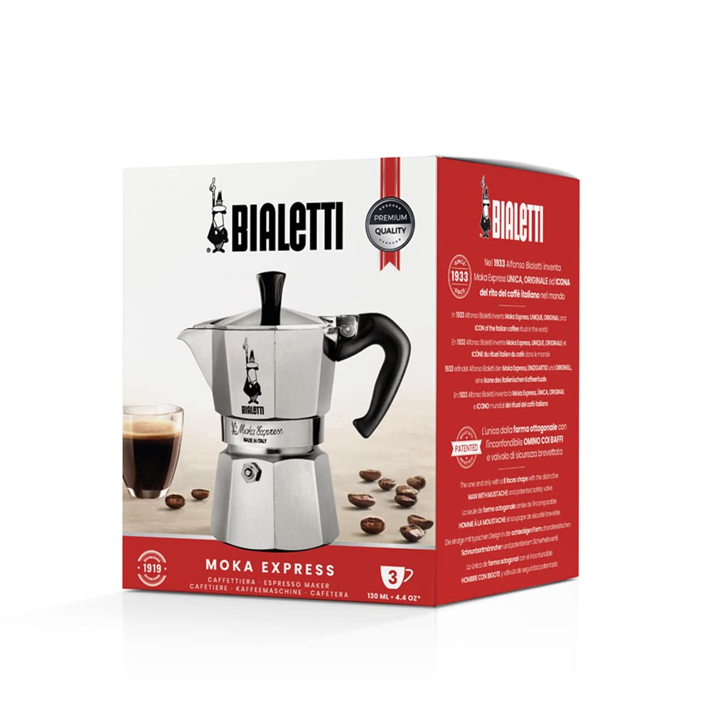 Bialetti Moka Express 3 Cup Espresso Maker: Italian Made; Moka Pot/Percolator/Coffee Maker/Mocha Pot for an Authentic Italian Coffee-06799