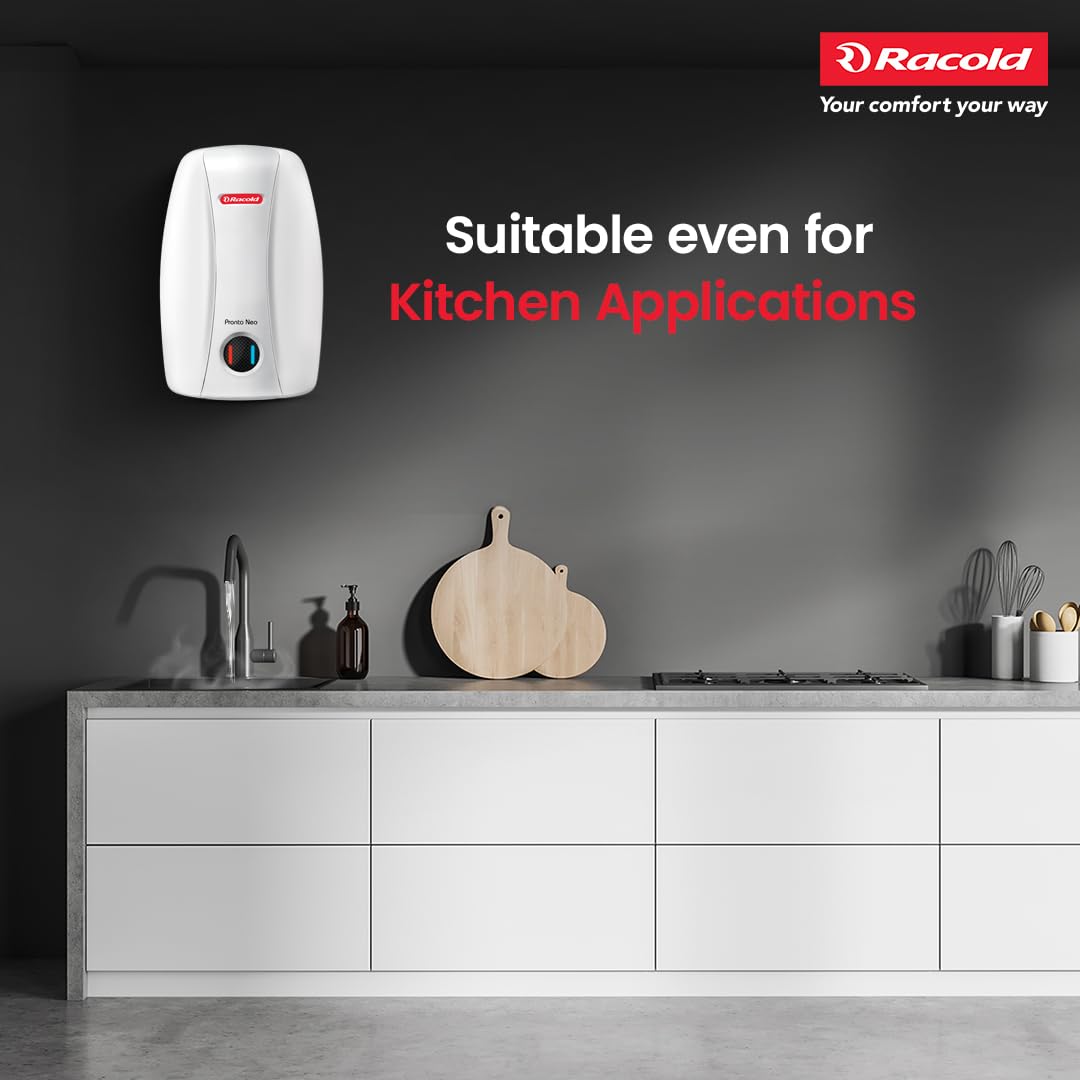 Racold PRONTO NEO Electric Instant Water Heater 5L – Vertical Geyser for Bathrooom, Anti Backflow System, 3 Safety Levels, Rust Proof Body, Faster Heating, with Fire Retardant Cable, White