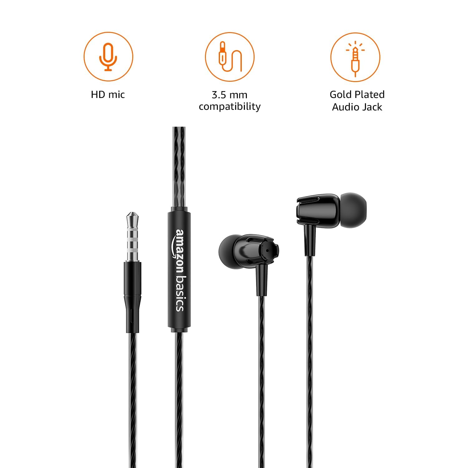 amazon basics in-Ear Wired Earphones with in-Line Mic, 10 mm Dual Drivers, Powerful Bass, Noise Isolation, 3.5 mm Audio Jack (Black, WE03)