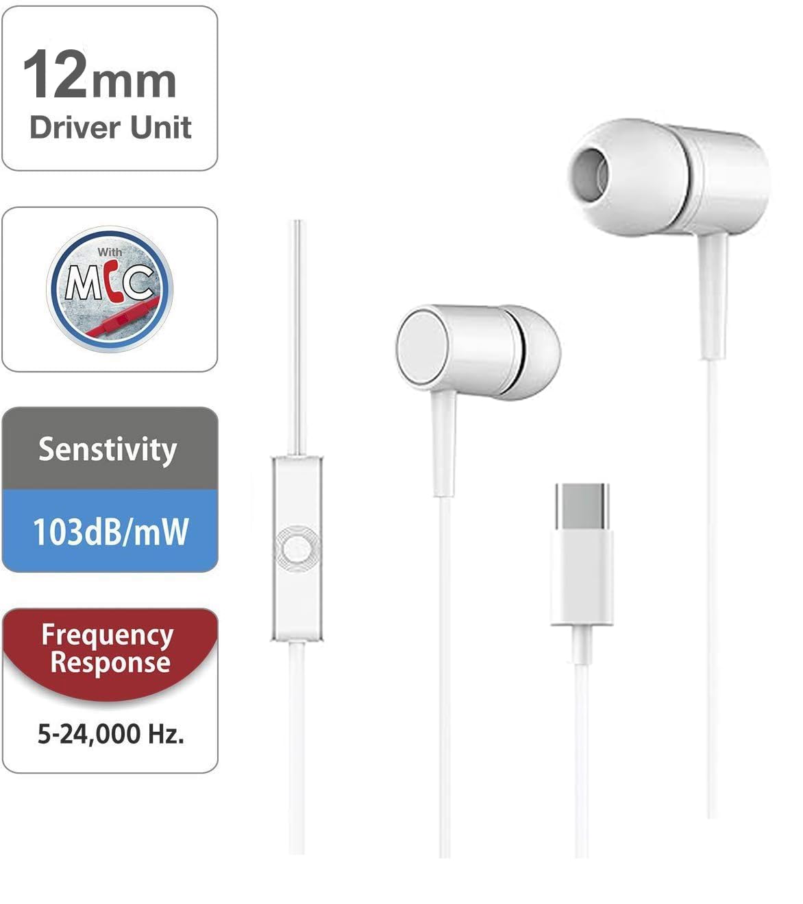 Branded Type C Headphones with Mic, in-Ear Design, 12mm Driver for Deep Bass and Clear Sound, C Type Earphones Wired, Compatible with iPhone, Android Smartphones, Tablets, and USB C Devices (White)