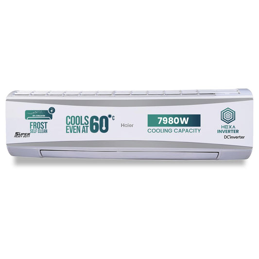 Haier 2.4 Ton 3 Star HEXA Inverter Split AC (7980 Watts, Copper, Super Heavy Duty, 7 in 1 Convertible, HD Filter, Cools at 60°C, 20 Mtrs Air Throw - HSU80SHD-AOW3BN-INV,White)