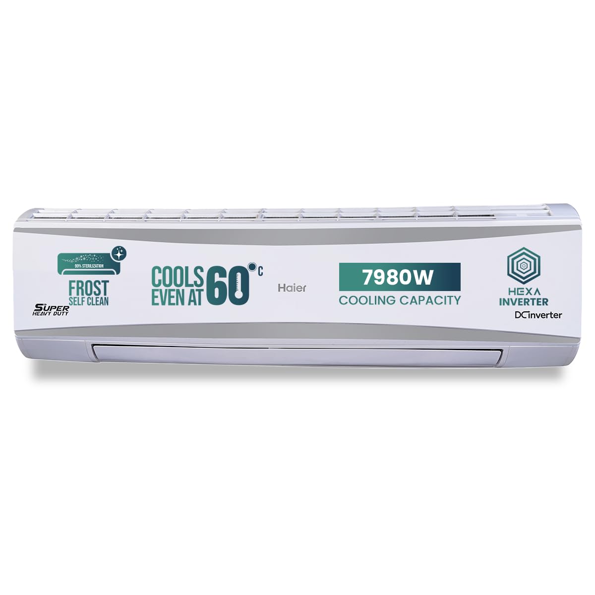 Haier 2.4 Ton 3 Star HEXA Inverter Split AC (7980 Watts, Copper, Super Heavy Duty, 7 in 1 Convertible, HD Filter, Cools at 60°C, 20 Mtrs Air Throw - HSU80SHD-AOW3BN-INV,White)