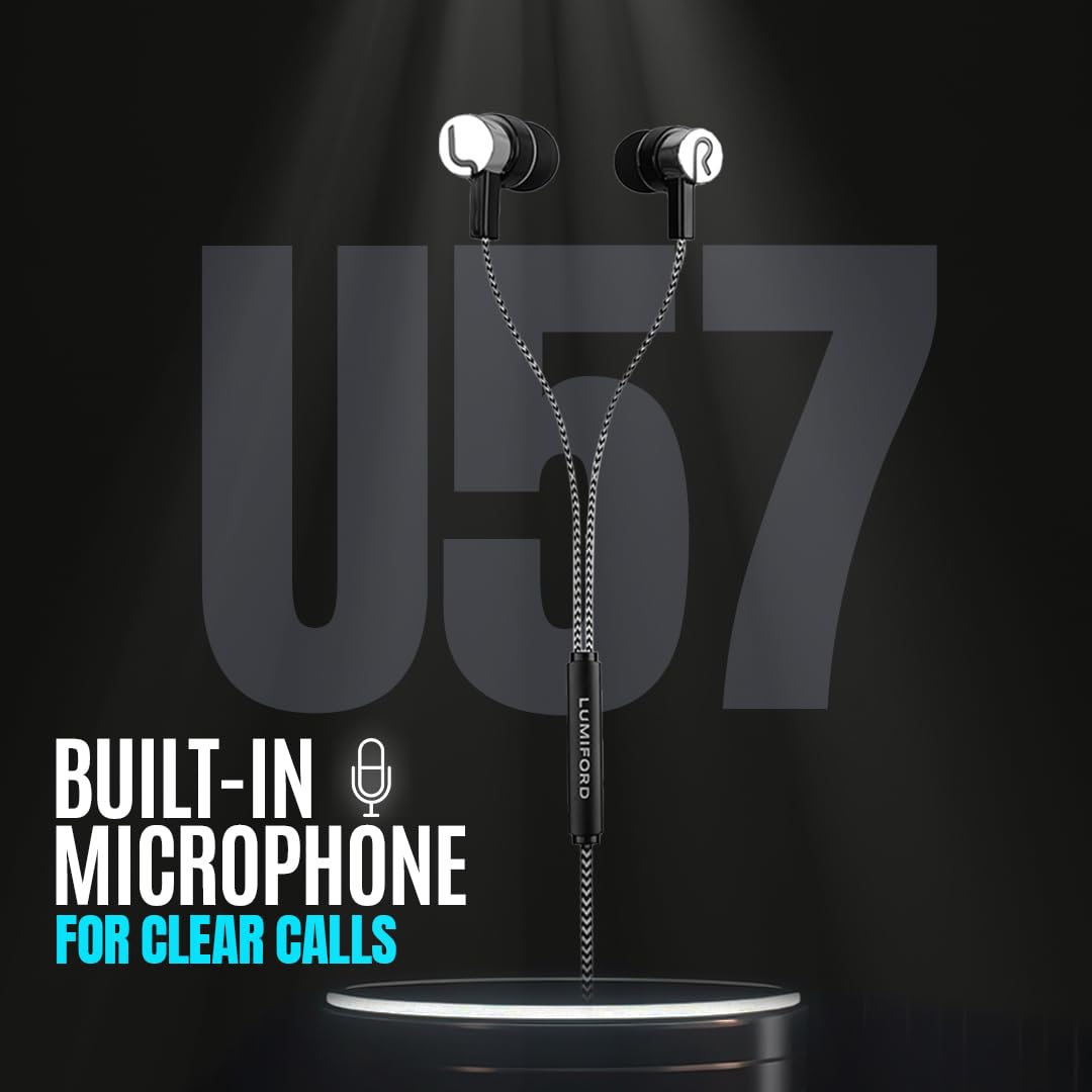 LUMIFORD U55 in-Ear Wired Earphones with Built-in mic | 3.5 mm Earphones with Effective Bass 10mm Dynamic Drivers, Passive Noise Cancellation, & 1.3m Tangle Free Cable with Volume Controllers (Blue)