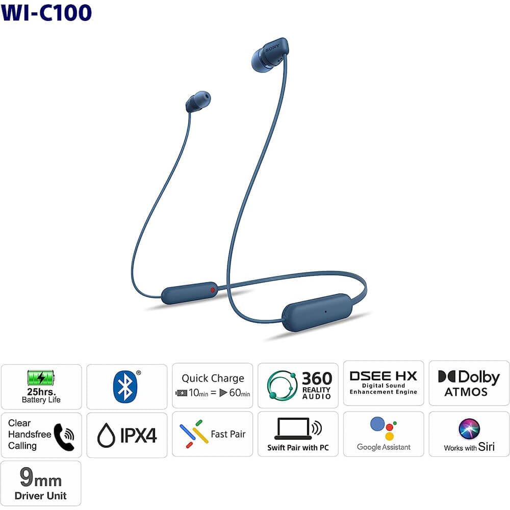 Sony WI-C100 Wireless Headphones with Customizable Equalizer for Deep Bass & 25 Hrs Battery, DSEE-Upscale, Splash Proof, 360RA, Fast Pair, in Ear Bluetooth Headset with Mic for Phone Calls (Black)