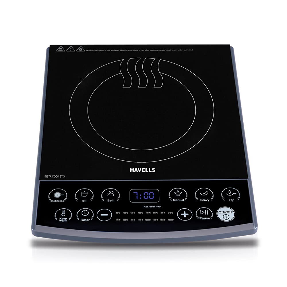 Havells Induction Cooktop Et-X|1900W|Digital Touch Control|Ceramic Plate|8 Pre-Sets with Indian Options|Auto Shutoff|Overheat Protection|6KV Surge Protector|2-Year Coil Warranty|Grey,Black