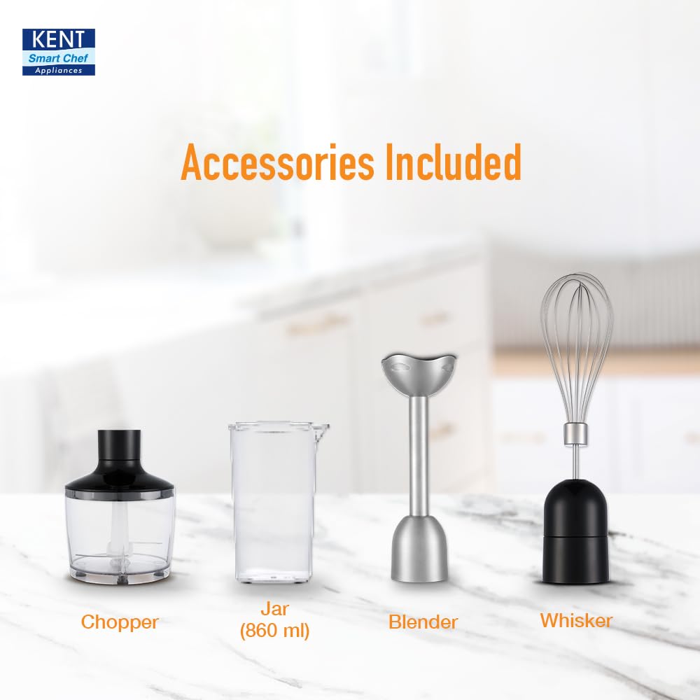 KENT Hand Blender Plus Chopper 450 W | Variable Speed Control | Turbo Switch for Fast Blending & Chopping | Hot & Cold Blending | Low Noise DC Motor | Multiple Attachments Chopper, Whisker & Jar