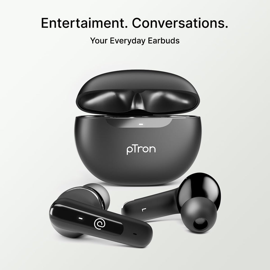 pTron Bassbuds Astra in-Ear TWS Earbuds with Stereo Sound, 34Hrs Playtime, Stereo Calls, Bluetooth V5.3 Headphones with Quick Pairing, Touch Control, Voice Assistant, Type C Charging & IPX4 (Black)