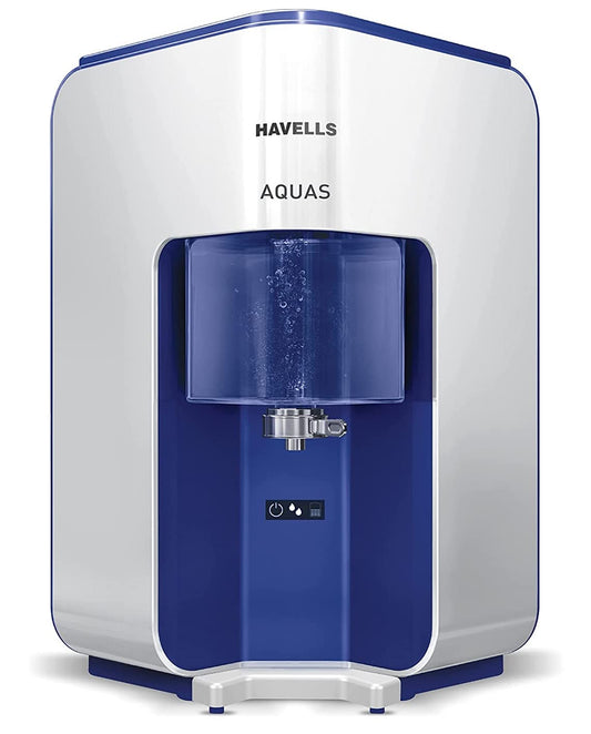 Havells AQUAS Water Purifier (White and Blue), RO+UF, Copper+Zinc+Minerals, 5 stage Purification, 7L Tank, Suitable for Borewell, Tanker & Municipal Water