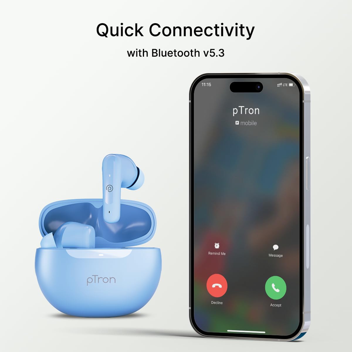 pTron Bassbuds Astra in-Ear TWS Earbuds with Stereo Sound, 34Hrs Playtime, Stereo Calls, Bluetooth V5.3 Headphone with Quick Pairing, Touch Control, Voice Assist, Type C Charging & IPX4 (Light Blue)