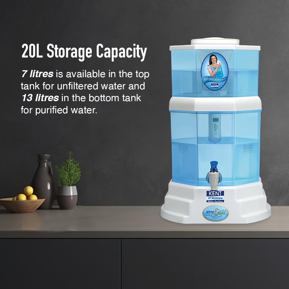 KENT Gold Gravity Water Purifier (11014) | UF Technology Based | Non-Electric & Chemical Free | Counter Top | 20L Storage | White