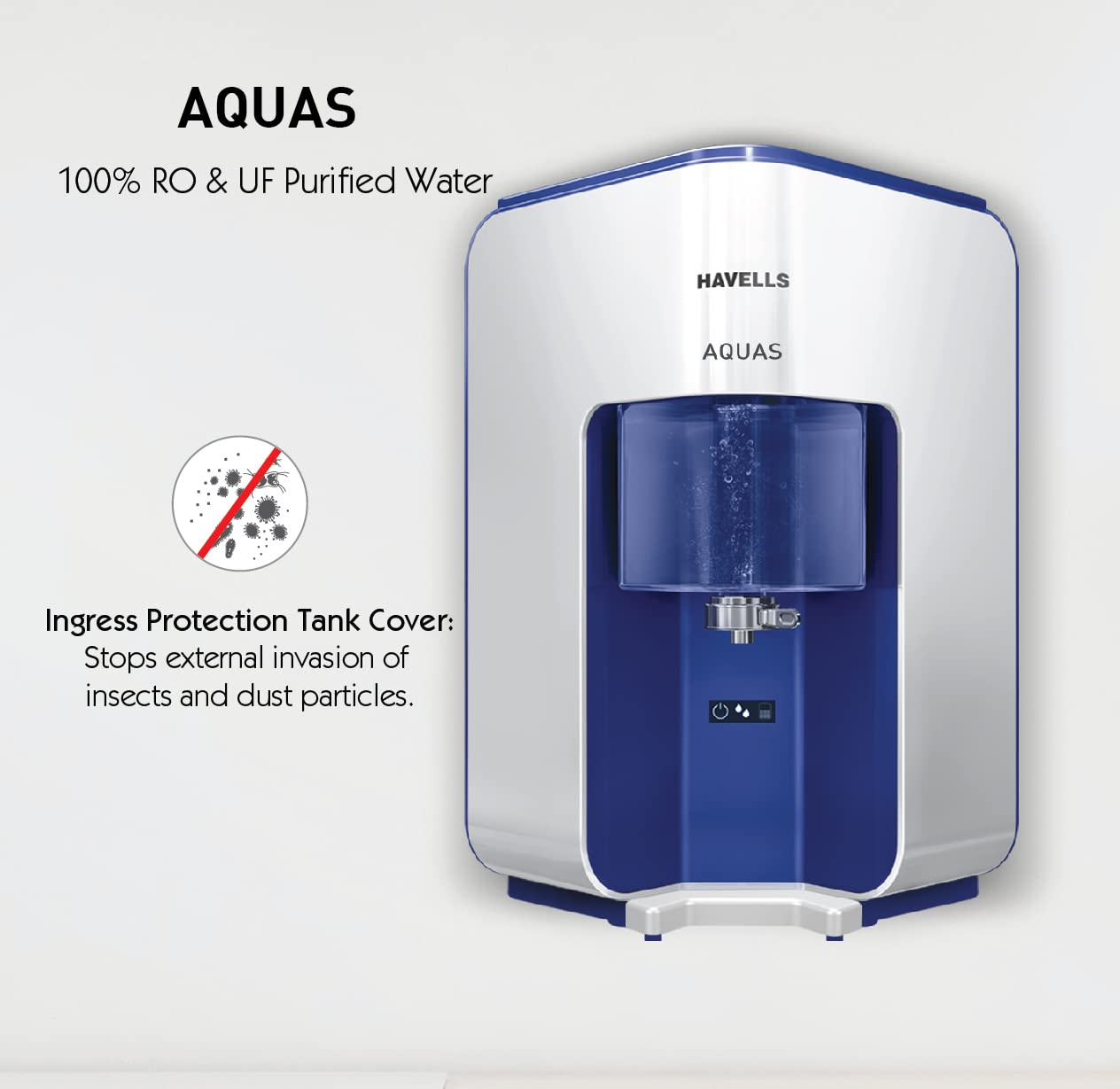 Havells AQUAS Water Purifier (White and Blue), RO+UF, Copper+Zinc+Minerals, 5 stage Purification, 7L Tank, Suitable for Borewell, Tanker & Municipal Water
