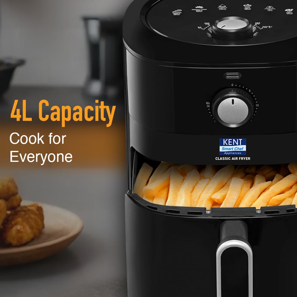 KENT 16096 Classic Hot Air Fryer 4L 1300 W | 80% Less Oil | Instant Electric Air Fryer | Auto Cut Off | Fry, Grill, Roast, Steam, and Bake | 1 Year Warranty | Black