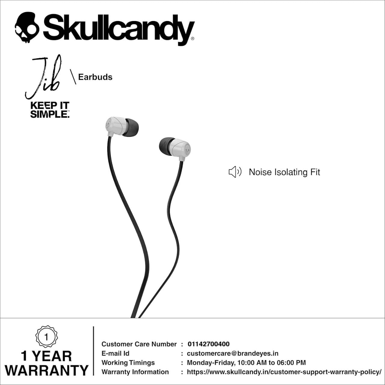 Skullcandy Jib in-Ear Wired Earbuds Without Microphone - Noise-Isolating Fit, 3.5mm AUX Cable, Call & Track Control, Extra Ear Gels – White