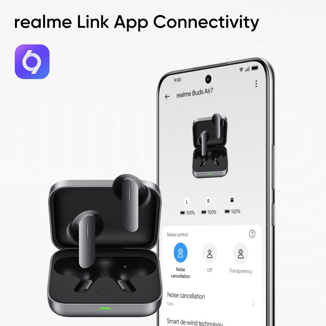realme Earbuds Air 7 True Wireless,12.4mm Dynamic Bass Drivers,52Hrs Playtime,52dB Hybrid ANC,6 Mic ENC,45ms Low Latency,360° Spatial Audio,Hi-Res LHDC,IP55 Dust & Water Resistant,BT v5.4(SlateGrey)