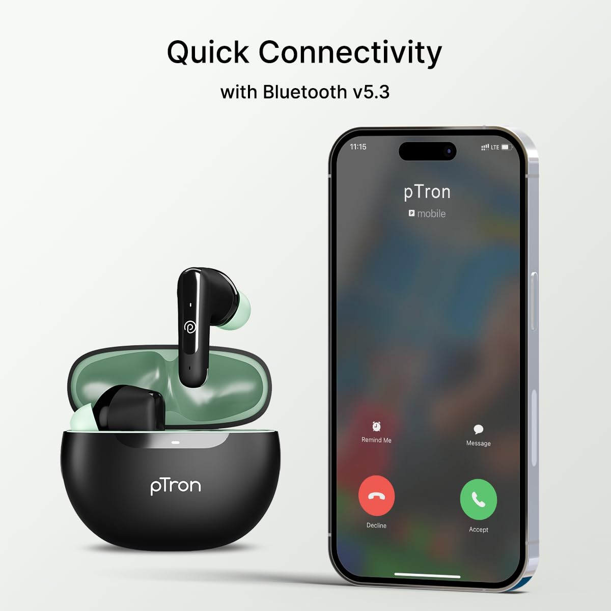 pTron Bassbuds Astra In-Ear TWS Earbuds with Stereo Sound, 34Hrs Playtime, Stereo Calls, Bluetooth V5.3 Headphone with Quick Pairing, Touch Control, Voice Assist, Type C Charging & IPX4(Black & Green)