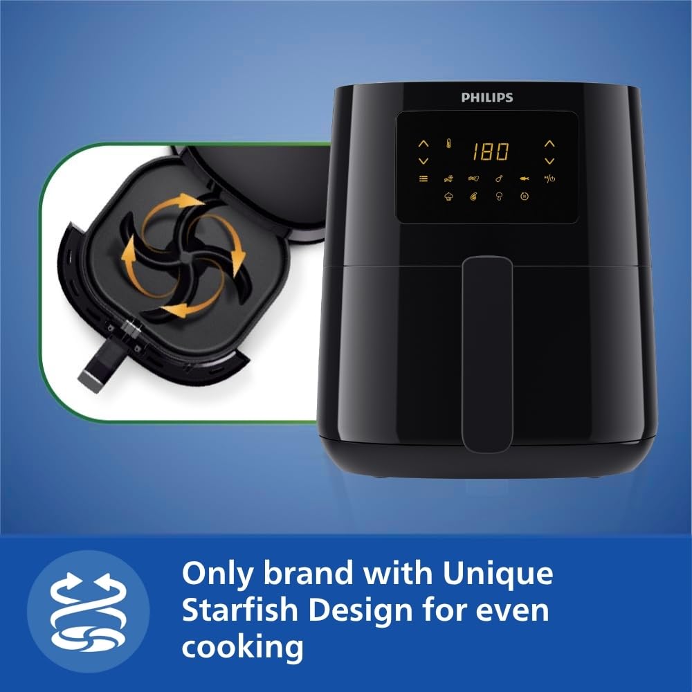 PHILIPS Digital Airfryer with Touch Panel, 4.1L, with RapidAir Technology,with additional 1 Yr Warranty by Philips, 7 Pre-set Menu (HD9252/90)(Black), Large