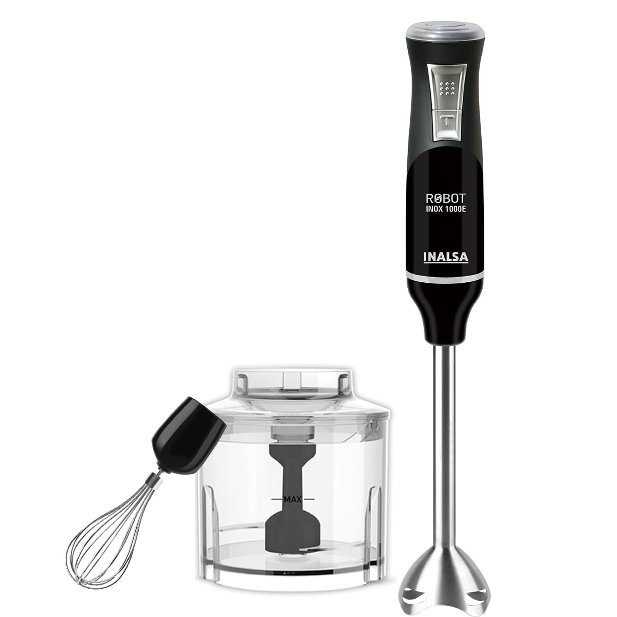 INALSA Hand Blender 1000 Watts with Chopper, Whisker| Variable Speed & Turbo Speed Function|100% Copper Motor|1Liter|Low Noise |Anti-Splash Technology|Home&kitchen|2 Year Warranty (Robot Inox 1000E)