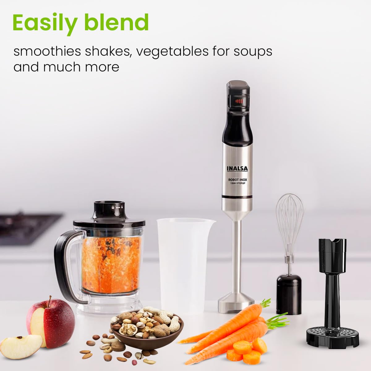 INALSA Hand Blender 1500 W|Silent DC Copper Motor|European Stepless Variable Speed Design| X.Large 1L Chopper|Unique Potato Masher| Detachable| Stainless Steel-Robot INOX 1500 StepUp