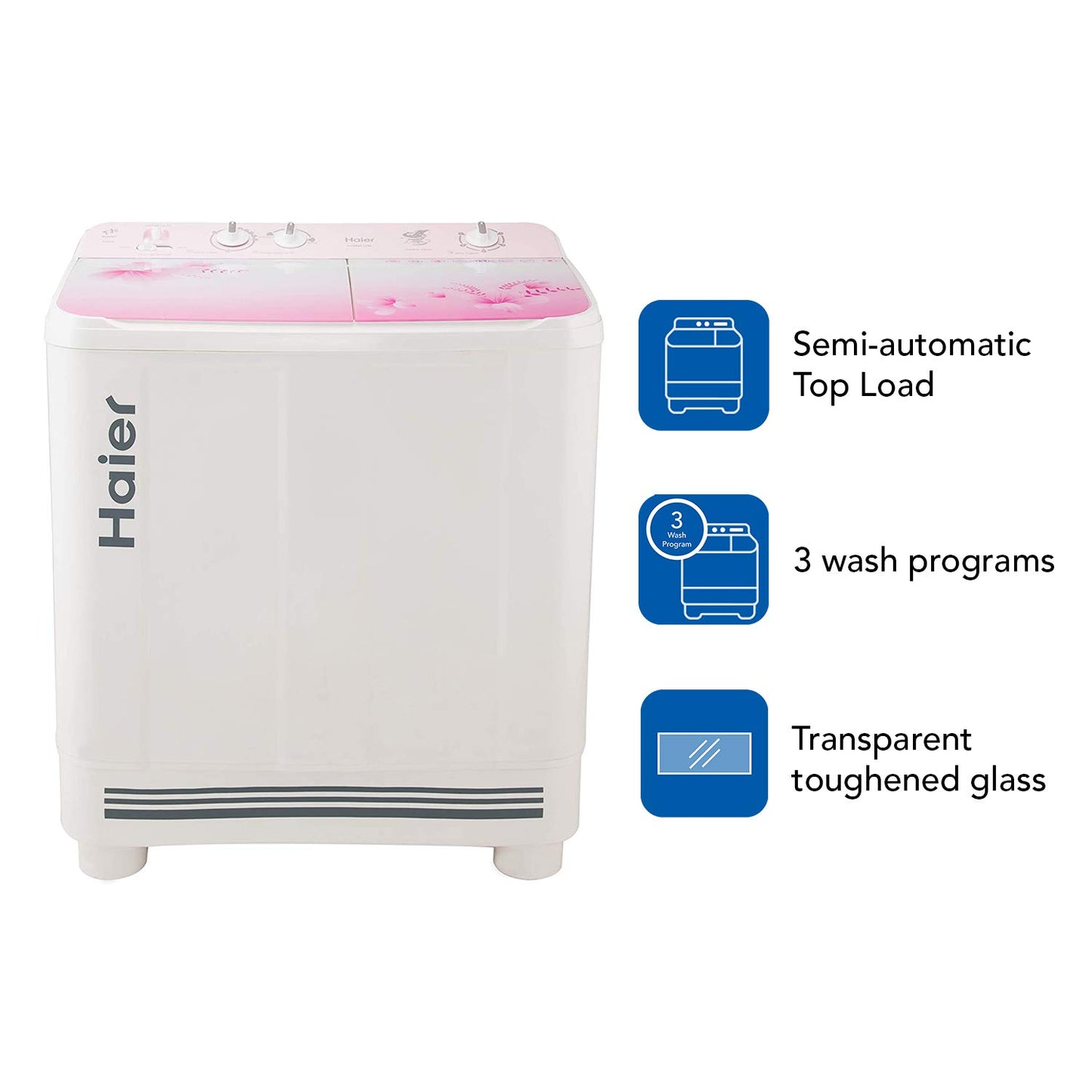 Haier 9 Kg 5 Star Anti-Bacterial Vortex Pulsator Semi Automatic Top Load Pink (HTW90-1159FL, White, Toughened Glass)