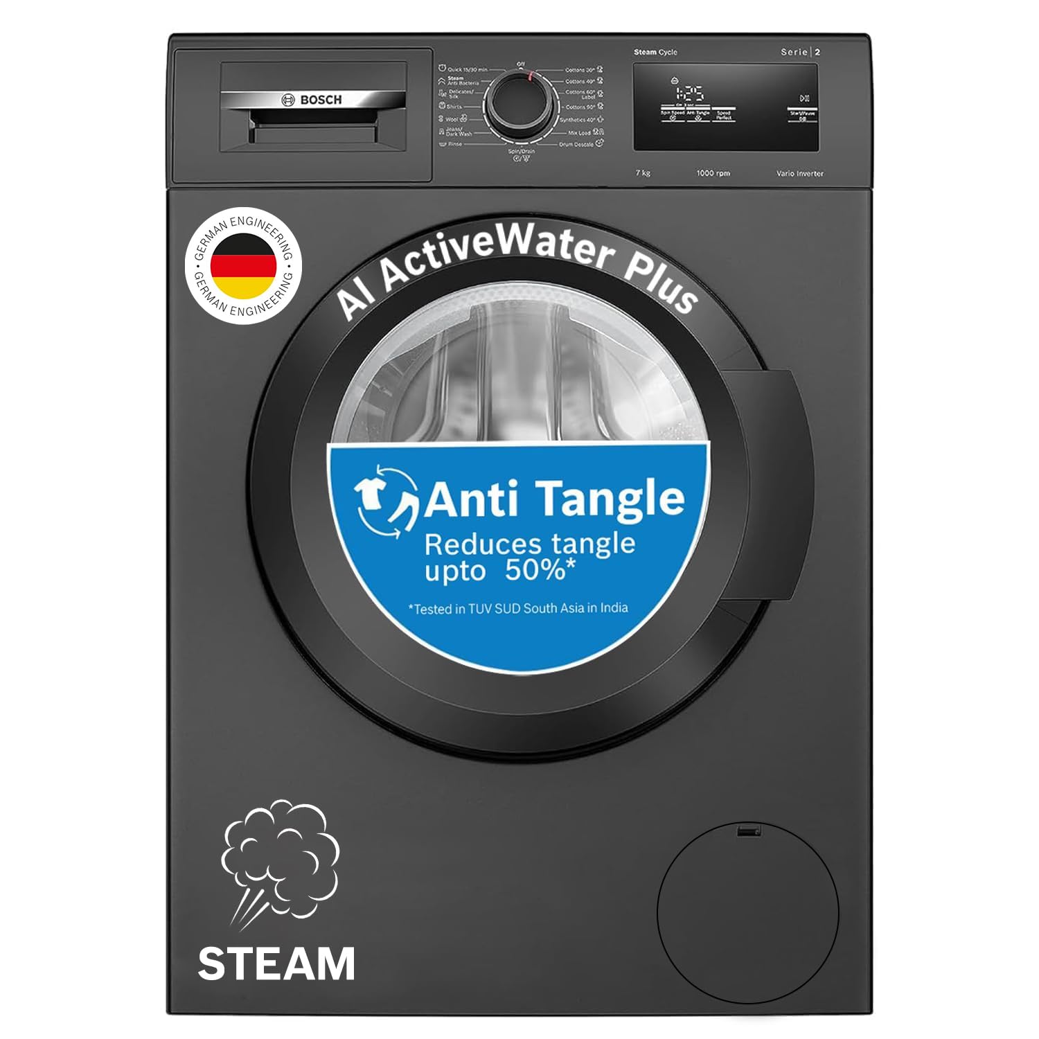 Bosch 7 kg, 5 Star, AI active water+, Anti Stain, Steam Antibacteria, Allergy Plus, Fully-Automatic Front Loading Washing Machine (WAJ24209IN, Black, In-Built Heater, Anti Wrinkle, Anti Tangle)