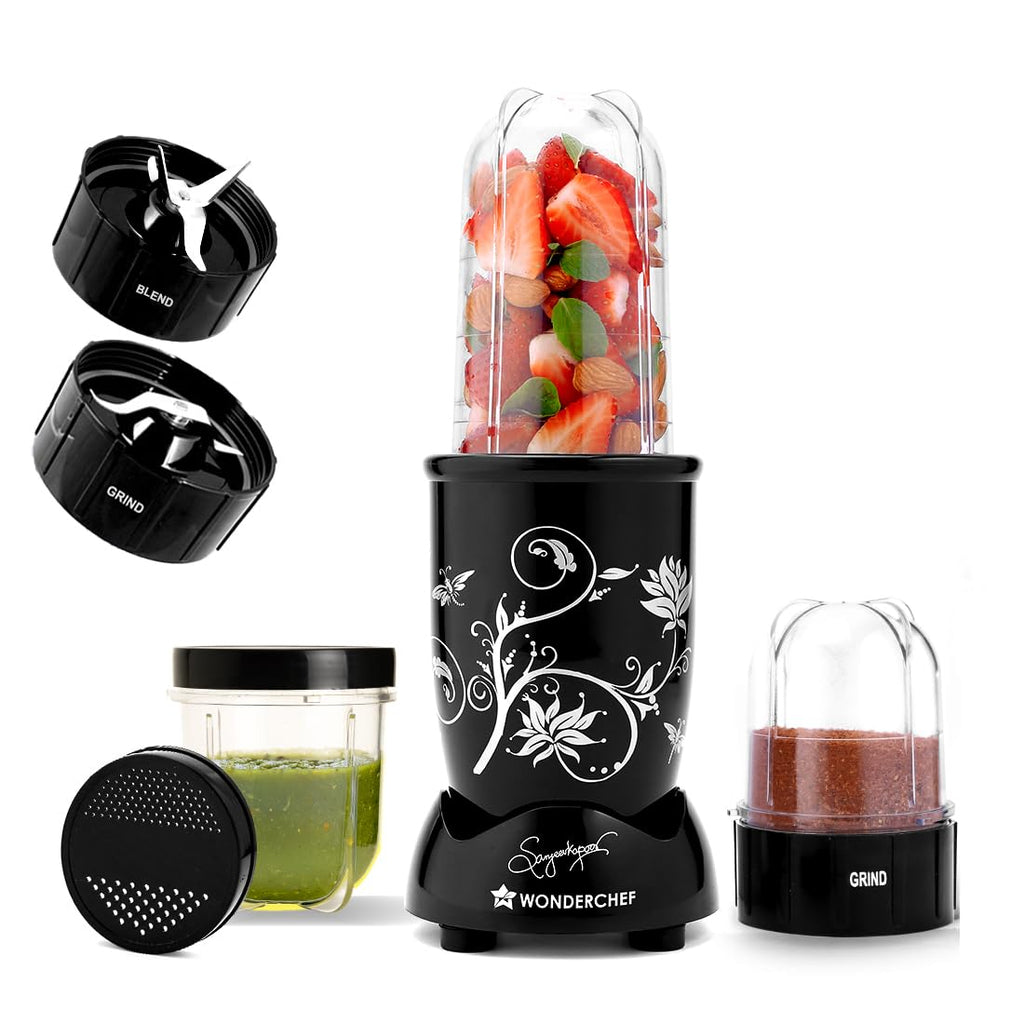 Wonderchef Nutri-blend 500W Mixer Grinder, 22000 RPM Motor, Smoothie Maker, Masala Grinder, Chutney Blender, 3 Unbreakable Jars, Recipe Book by Chef Sanjeev Kapoor, 2 Yr Warranty, Black