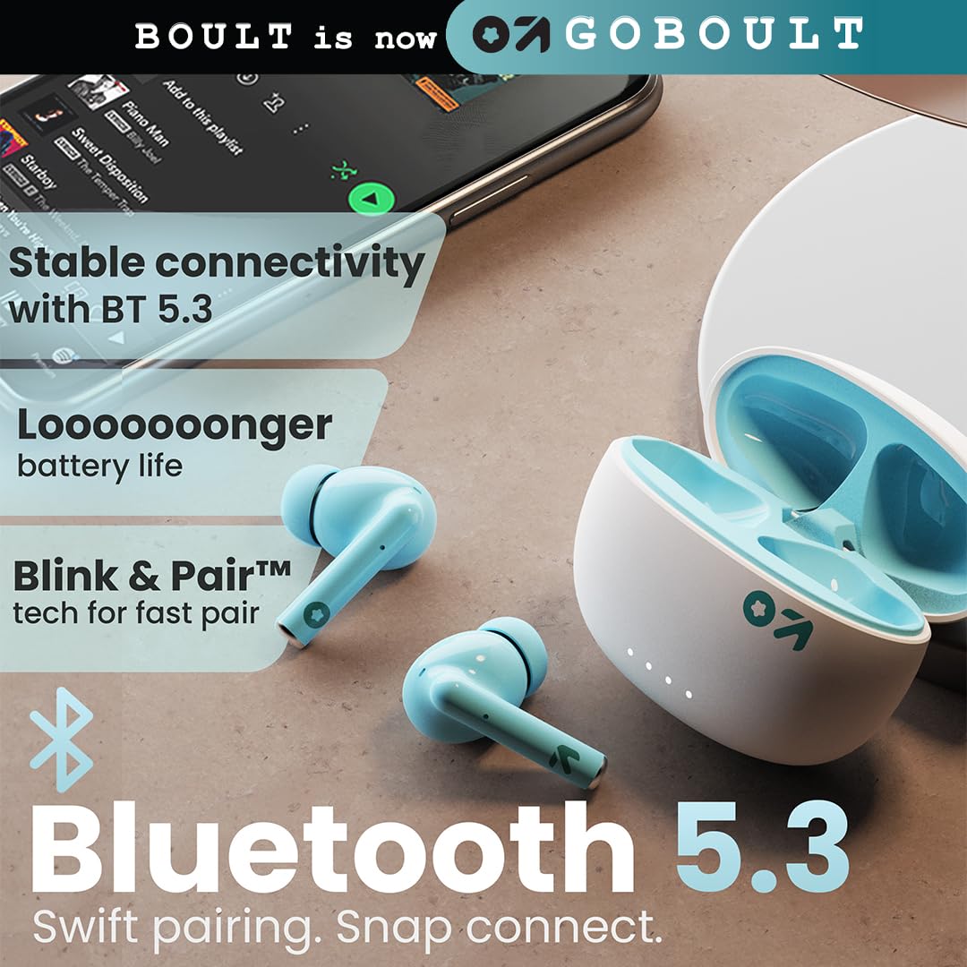 GOBOULT W20 Truly Wireless in Ear Earbuds with 40H Playtime, Zen™ ENC Mic, 45ms Low Latency, 13mm Bass Drivers, Type-C Fast Charging, Touch Control, IPX5 Ear Buds TWS (Glacier Blue)