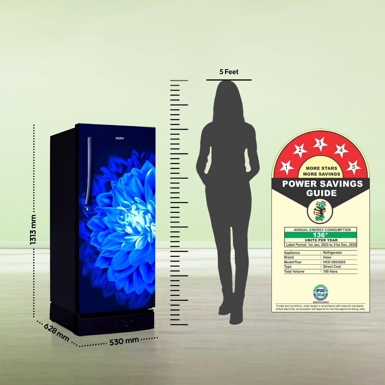 Haier 190 L, 5 Star, Direct-Cool Single Door Refrigerator (HED-205MDB-P, Marine Dahelia, Base Stand Drawer)