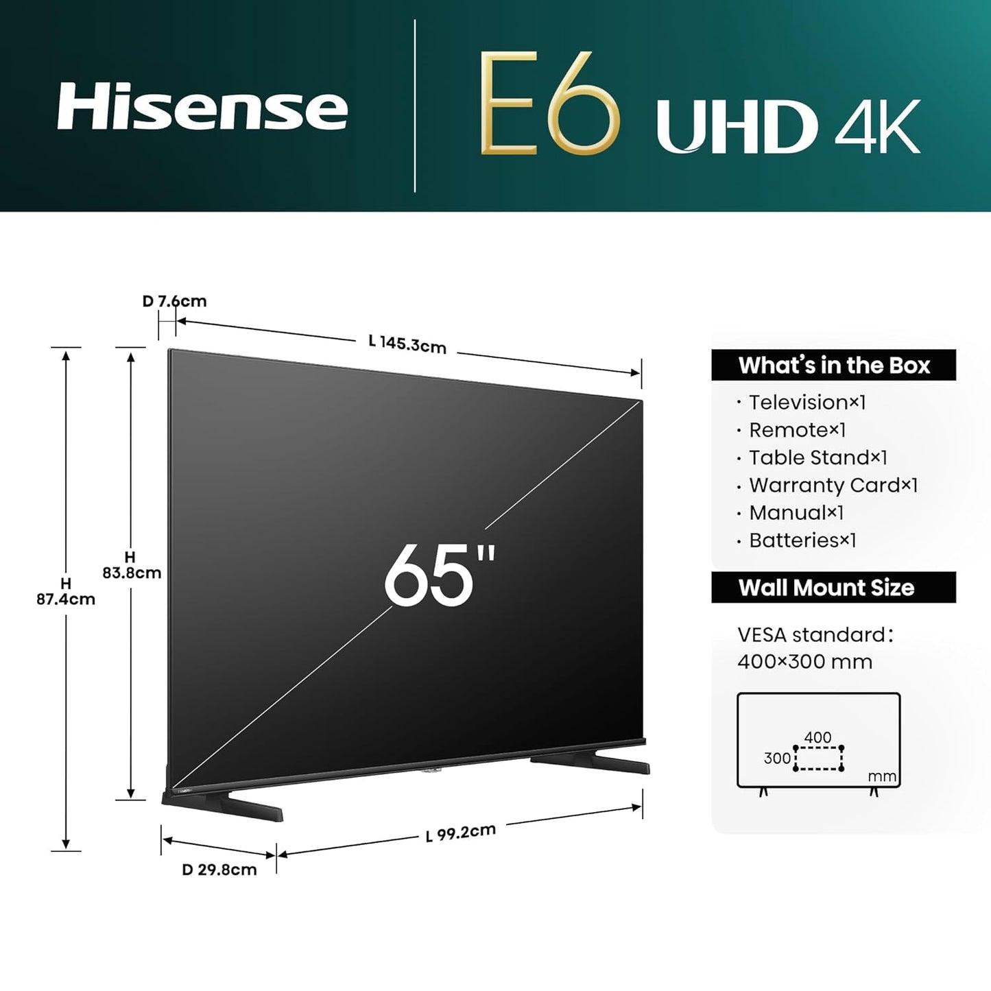 Hisense 164 cm (65 inches) E6N Series 4K Ultra HD Smart LED Google TV 65E6N (Black)