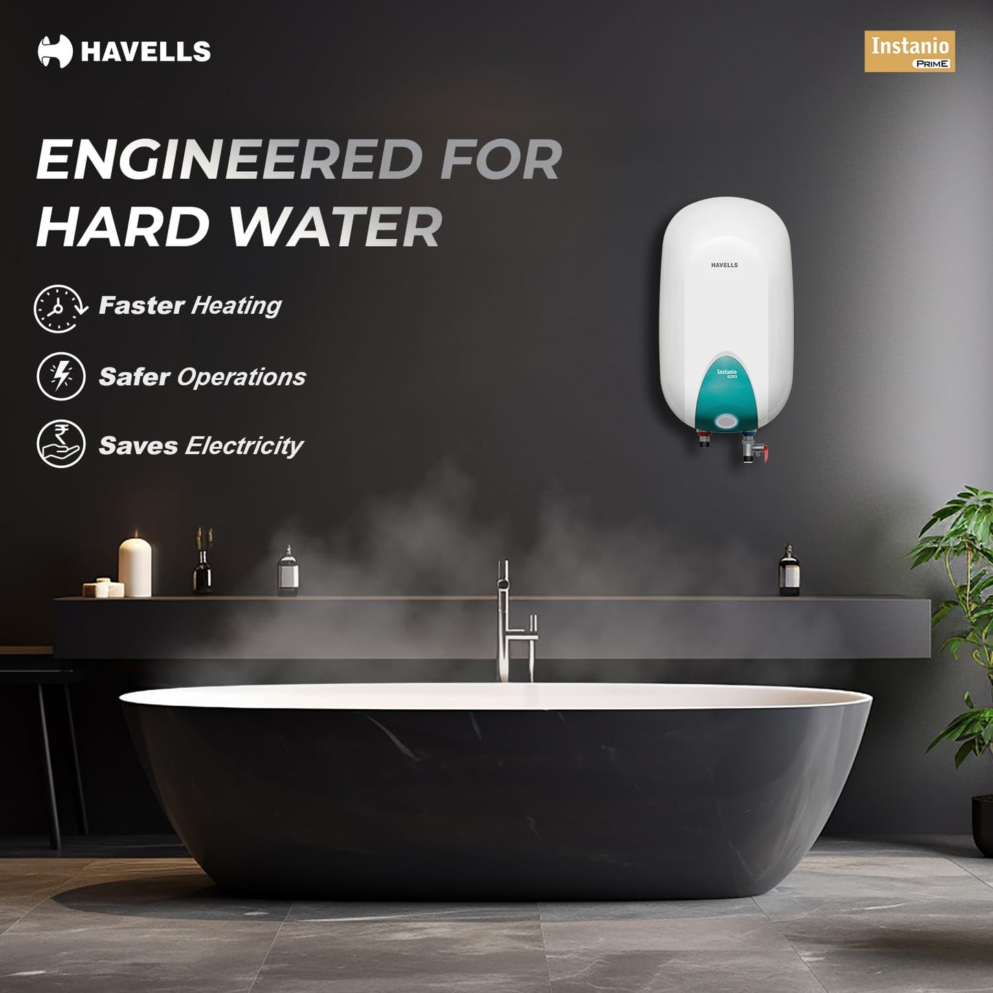 Havells Instanio Prime 15L Storage Water Heater(Geyser)|Faster Heating|Safer to use|Saves electricity|Engineered for Hard Water|Color Changing LED Indicator|Anti Rust Tank|Mcoloy Heating Element